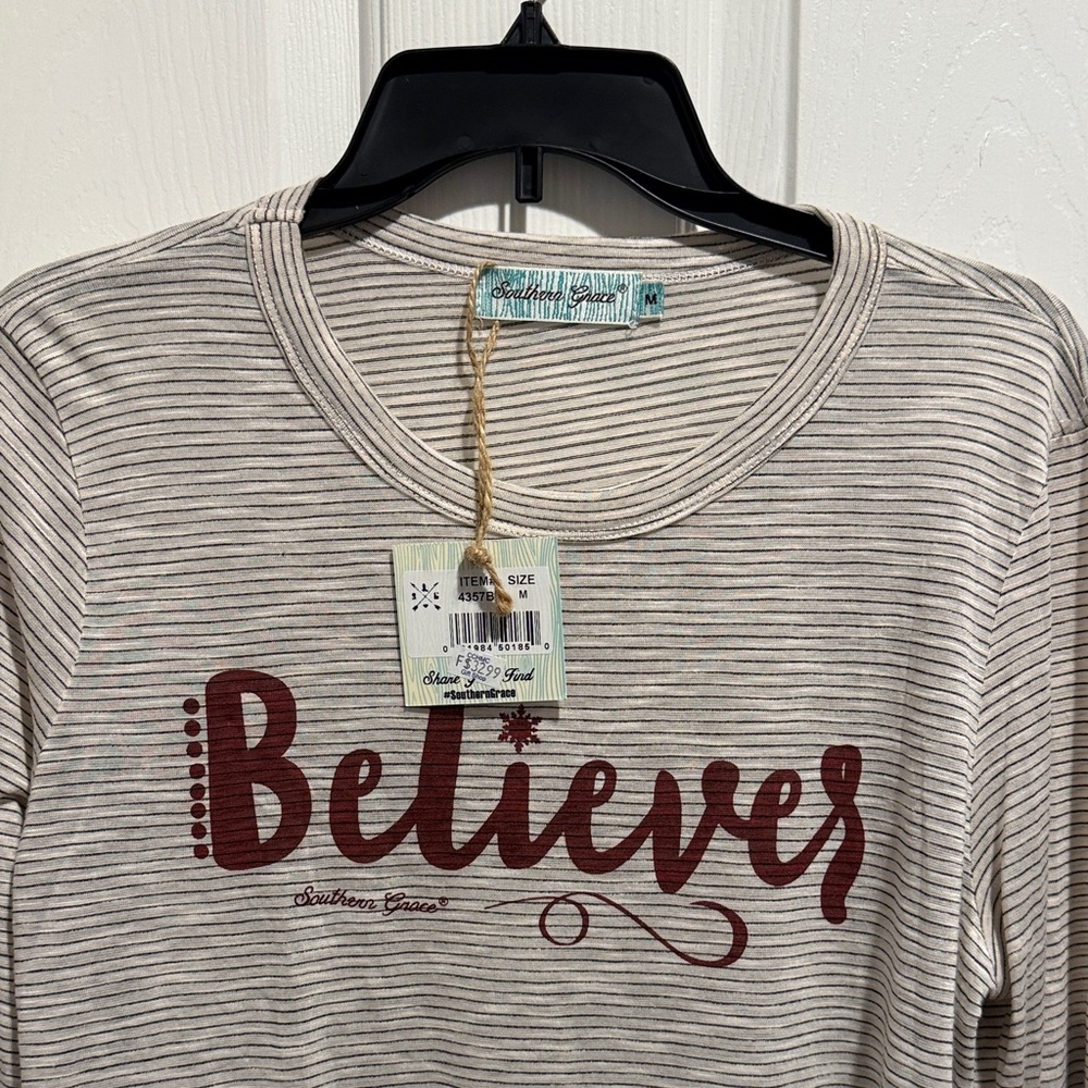 Southern Grace Beige Striped 'Believer' Tee